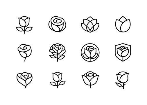 Minimal Rose Symbol. Line icon set of Minimal Rose Symbol: simple rose outline, abstract rose, geometric flower, minimal petal icon, single
