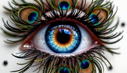 An intricate eye makeup application with various elements such as peacock feathers and glittering jewels. It is a close up shot of an eye with vibrant colors like blue, orange, and green