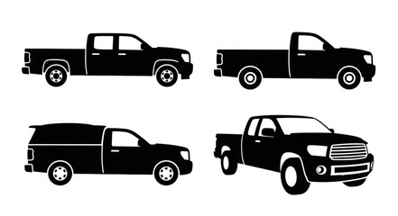 Collection of four black pickup truck silhouettes. © Sosi