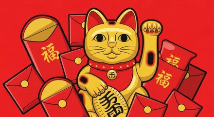 Vector Illustration of Golden Lucky Cat or Maneki Neko with Red Envelopes