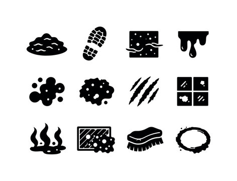 Grime. Solid icon set of Grime: dirt layers, muddy footprint, dusty surface, grease drip, mold spots, rust patch, scratched wall, dirty