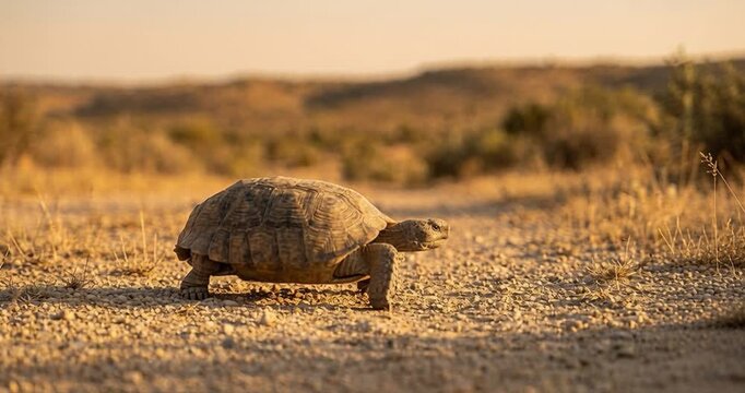 Desert tortoise walking across dry terrain under warm sunlight