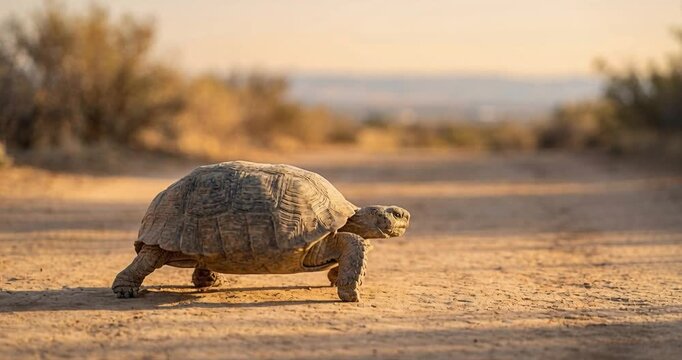 Desert tortoise walking on sandy terrain under soft sunlight