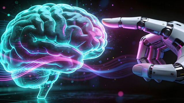 White robotic finger touching a holographic brain.