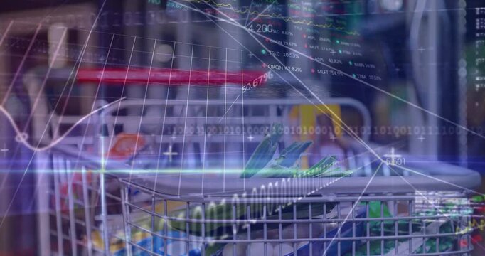Data feed activating, metal shopping cart being overlaid with animated analytics tracking groceries