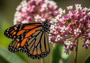 Obraz premium Brightly colored insect rests upon a cluster of small pink and white blossoms