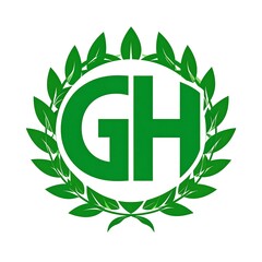 Bold green initials GH encircled by vibrant green leafy wreath