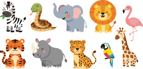 Fototapeta premium Cute safari animal collection with lion tiger elephant zebra giraffe flamingo parrot rhino and snake cartoon vector illustration set