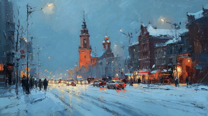 Beautiful top view of the city. Colorful street lighting of the night metropolis. Many high-rise buildings. Cold winter weather. There is snow on the roofs of houses. Novosibirsk, Siberia, Russia.