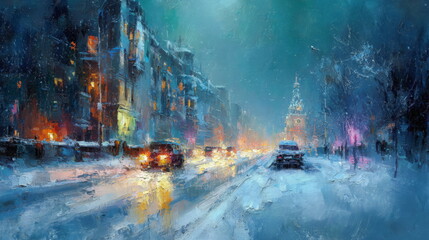 Beautiful top view of the city. Colorful street lighting of the night metropolis. Many high-rise buildings. Cold winter weather. There is snow on the roofs of houses. Novosibirsk, Siberia, Russia.