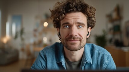 Obraz premium Man on video conference. Online meeting from home workspace. Casual remote work and digital communication. Friendly face during virtual conversation. 