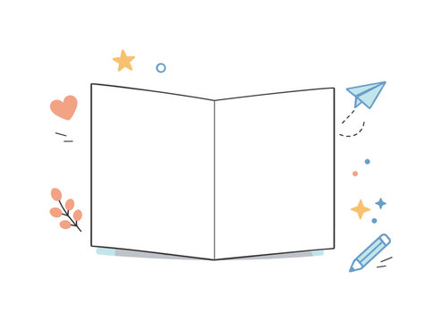 Greeting cards blank. A minimal greeting card standing open with a blank page and soft decorative elements floating nearby. The mood is