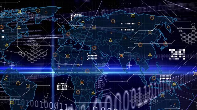 Stylized world map lighting up as horizontal scan triggers nodes pulsing and visualizing network