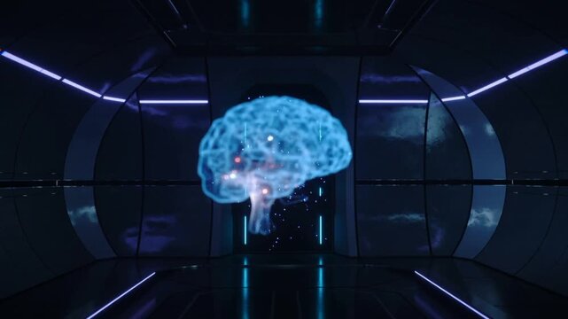 White robotic finger touching a holographic brain.