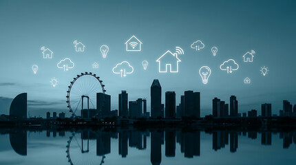 Smart cityscape with innovative technology icons and modern skyline