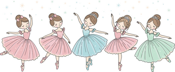 Cute ballerina girls dancing in pastel tutus with sparkles isolated on white background ballet cartoon vector illustration set © Mostafijur