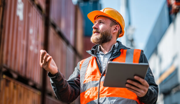 Male construction worker with a beard wearing an orange safety vest and hard hat inspecting or communicating at an industrial site with shipping containers