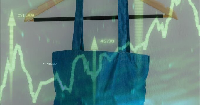 Green chart appearing from left, animating jagged line over teal tote bag, visualizing sales rise