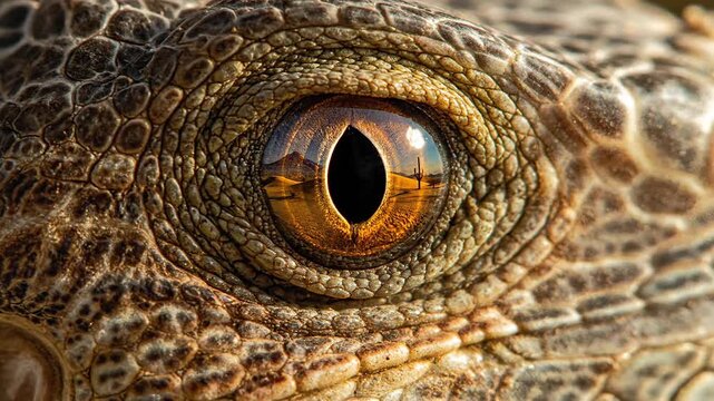 Extreme close-up of lizard eye with reflected desert landscape and cactus.