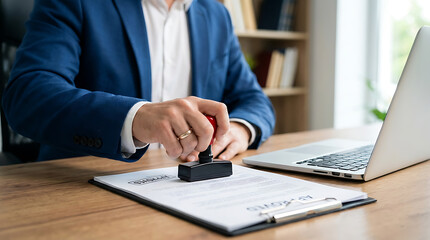 Fototapeta premium Businessman sealing document with stamp in modern office