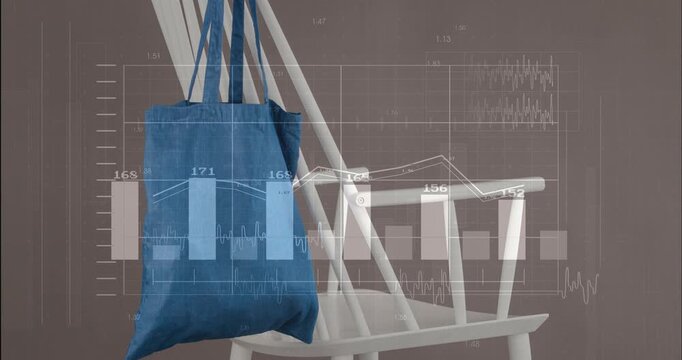 Data overlays fading in over blue tote bag, white chair, animating charts to show sales trend