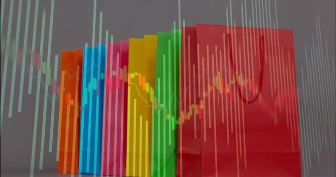 Playback starting triggers equalizer overlay moving over colorful bags, showing sales trend