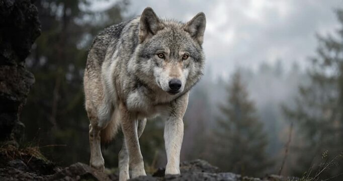 Gray wolf walking through forest environment