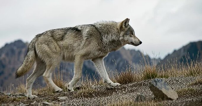 Gray wolf walking across hillside against mountain backdrop