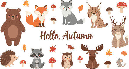 Naklejka premium Cute autumn forest animal collection with bear fox wolf raccoon moose owl hedgehog leaves and mushrooms cartoon vector illustration set