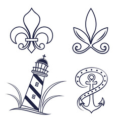 A collection of intricate fleur de lis designs with various artistic embellishments Vector © Mithila