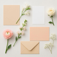 Collection of cards and flowers arranged on a flat surface for creative design and stationery use