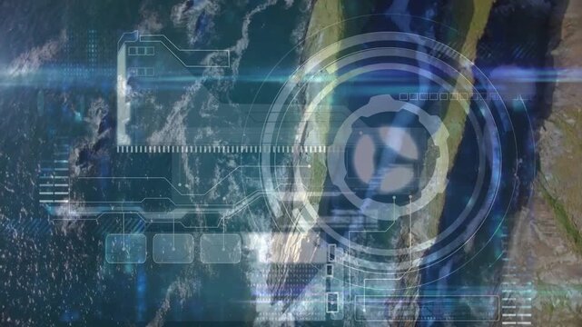 HUD activating, circular reticle rotating and shifting to lock over island, marking coast for recon