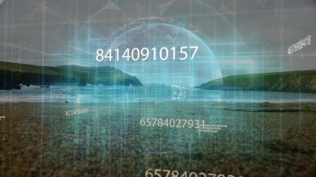 Numeric overlay appearing, hologram dome forming, rotating and beaming, visualizing coastal data