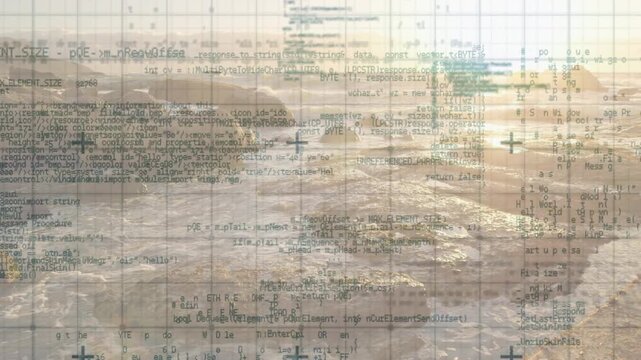 On play faint grid and scrolling text overlay growing, stacking on rocky shore, visualizing data