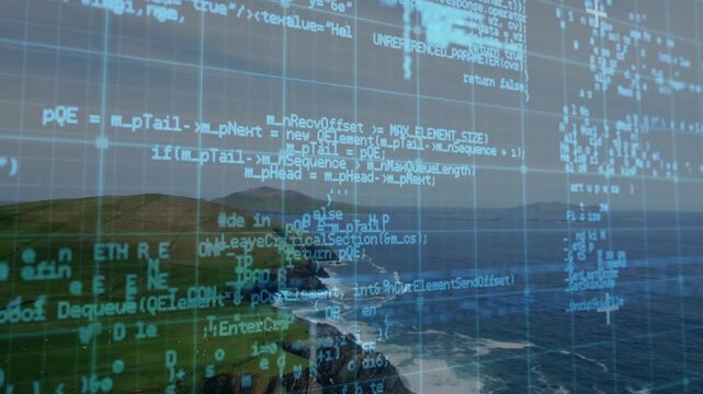 On sequence start cyan code grid flashing, scrolling and fading, revealing coastal headland view