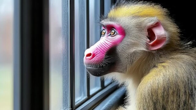 Close-up of a monkey looking out of a window. Bright pink face and yellow-tinged fur are prominent
