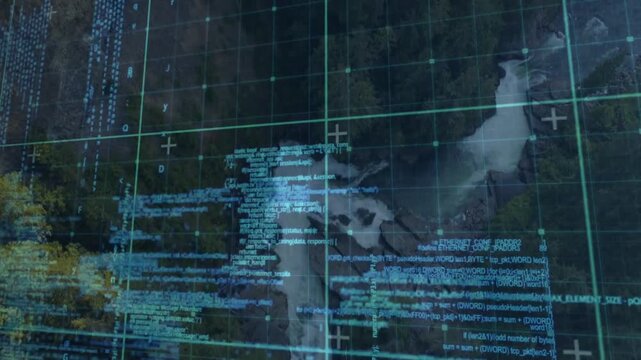 Data feed updating, digital geo overlay shifting code blocks and revealing river for mapping