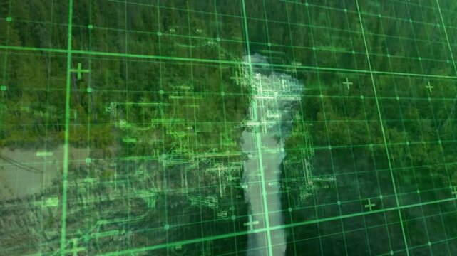 Green grid appearing over canyon, HUD schematics scanning waterfall, camera descending for mapping