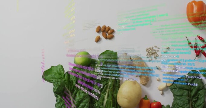 Edges sending color text overlays sweeping, clumping, scrolling, fading over produce to show data