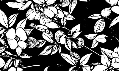 Black and white floral pattern with hand drawn flowers. nature background. botanical elements. © wungkal