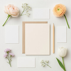 Creative workspace for writing with blank cards, flowers, and a pencil on a clean surface