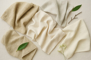 Soft textiles arranged on a light surface with leaves and twigs near each fabric piece for display and design ideas