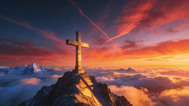 Christian cross in the glow of the sun, mountain landscape above the clouds, epic sky, high detail. 