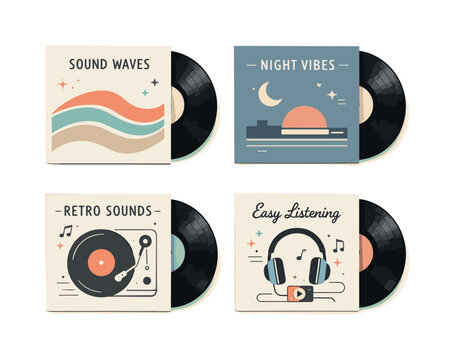 Retro Vinyl Art. Retro vinyl record covers. A curated set of LP sleeves in muted tones, displayed with some records half-pulled out, expressing vintage audio