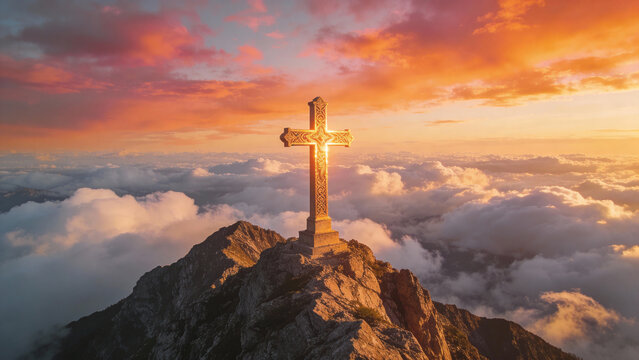 Christian cross in the glow of the sun, mountain landscape above the clouds, epic sky, high detail. 
