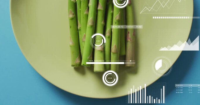 Right HUD appearing, camera zooming out, HUD animating around asparagus on green plate showing data
