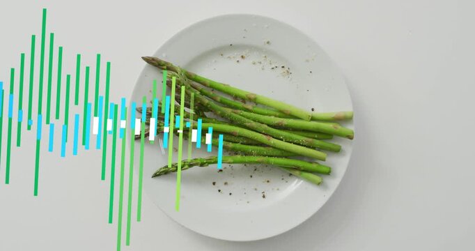 Left-edge equalizer emerging and sliding over plate with asparagus, fluctuating to show amplitude