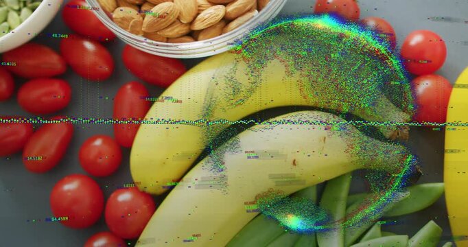 Glitch band appearing, prismatic swirl sweeping bananas and pods, showing signal error