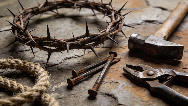Close up of a representation of the Jesus Christ crown of thorns with nails, hammer, pliers and a rope placed on a stone.