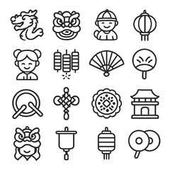 Icons representing cultural celebration and traditions in a festive setting with various symbols, lanterns, and characters